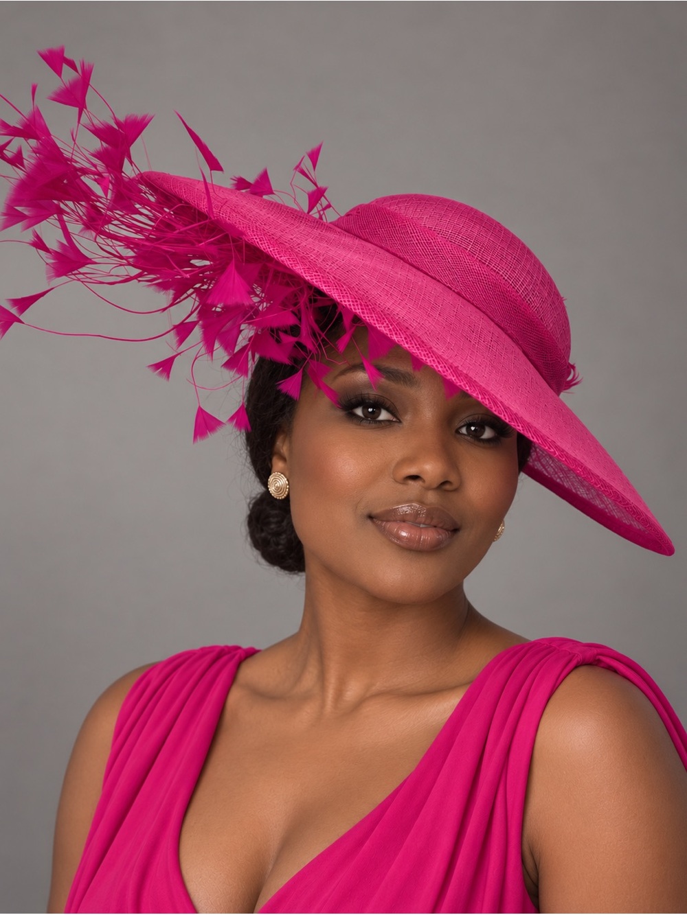 Women's Wide-Brim Feather Accent Hat in Fuchsia